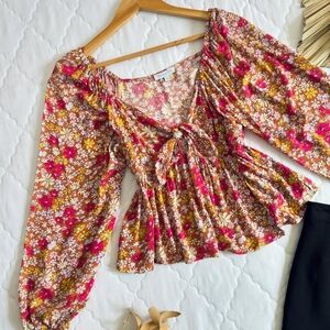 Patrons Of Peace Floral Long Sleeve Women's Top Medium Tie Front Peplum Red Pink